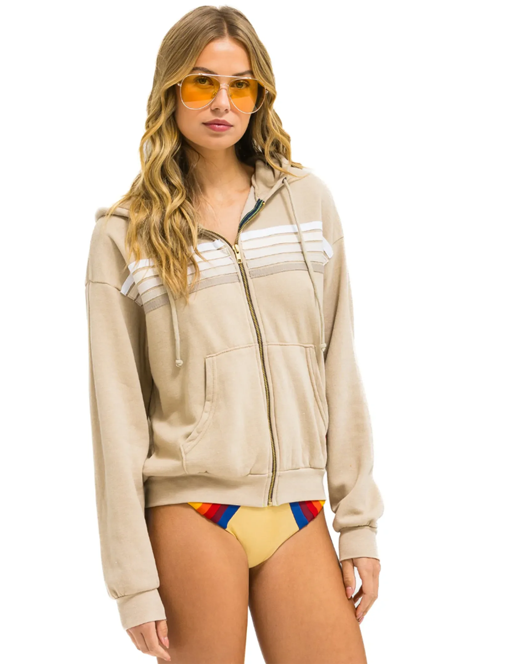 5 Stripe Relaxed Zip Hoodie, Sand/White Grey