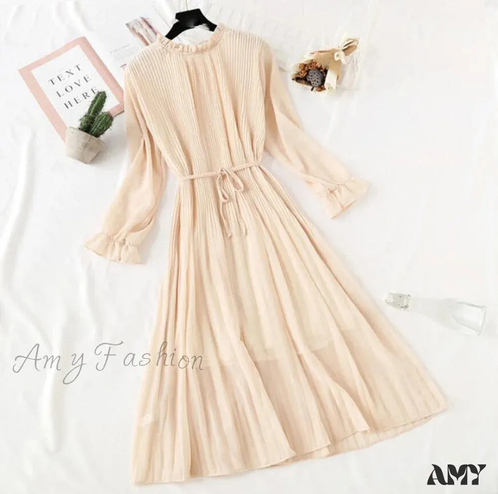 Amy Fashion - Casual Flare Sleeve Office Chiffon Dot Print Dresses