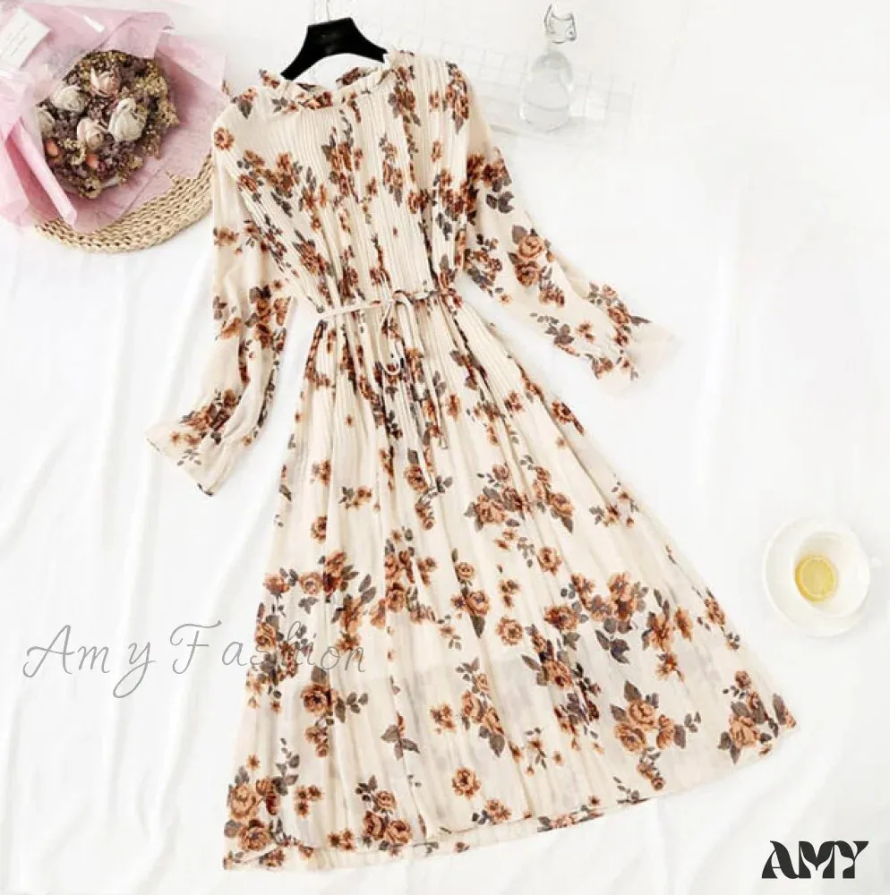 Amy Fashion - Casual Flare Sleeve Office Chiffon Dot Print Dresses