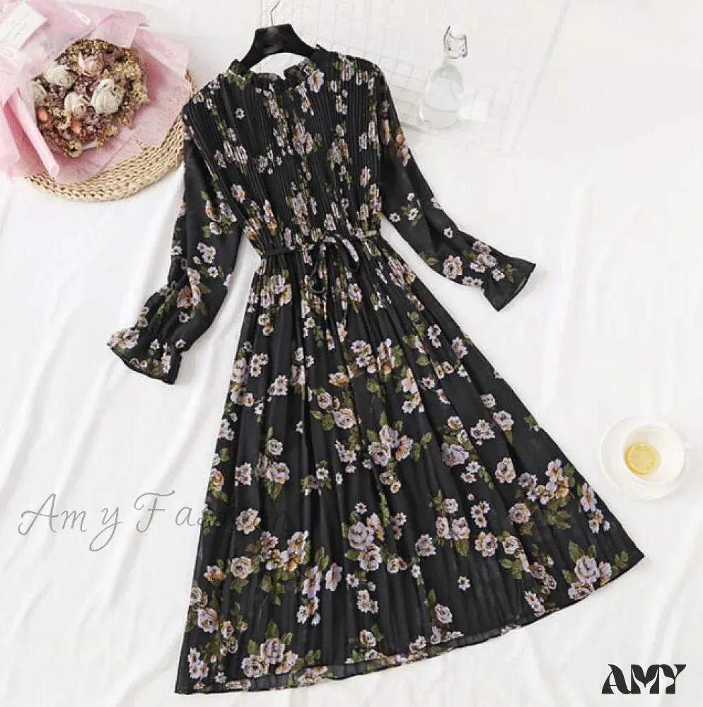 Amy Fashion - Casual Flare Sleeve Office Chiffon Dot Print Dresses