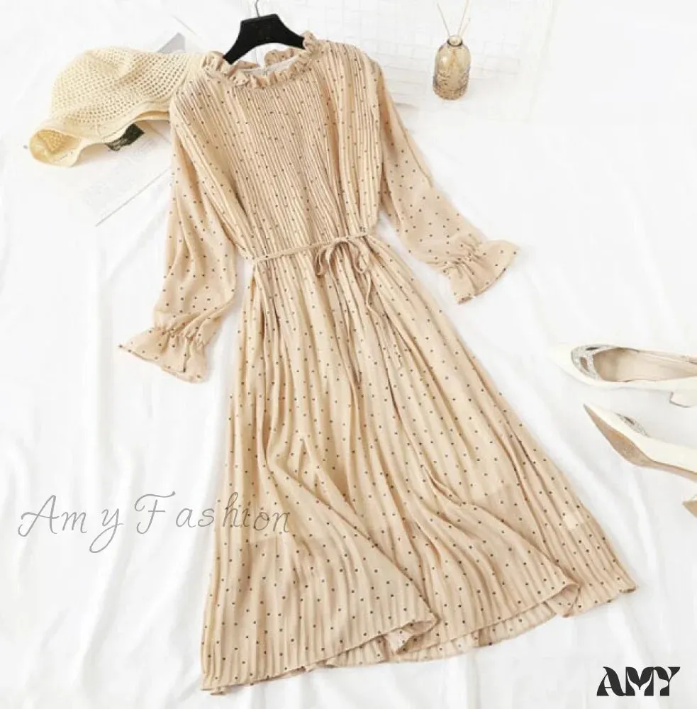 Amy Fashion - Casual Flare Sleeve Office Chiffon Dot Print Dresses