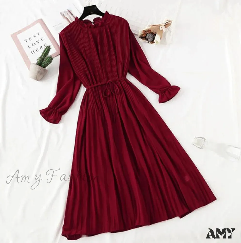 Amy Fashion - Casual Flare Sleeve Office Chiffon Dot Print Dresses