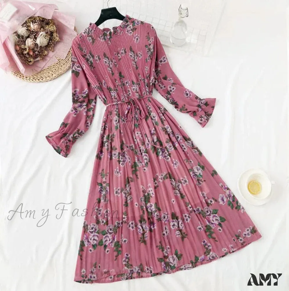 Amy Fashion - Casual Flare Sleeve Office Chiffon Dot Print Dresses