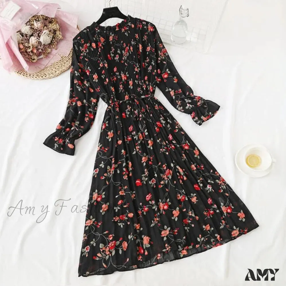 Amy Fashion - Casual Flare Sleeve Office Chiffon Dot Print Dresses