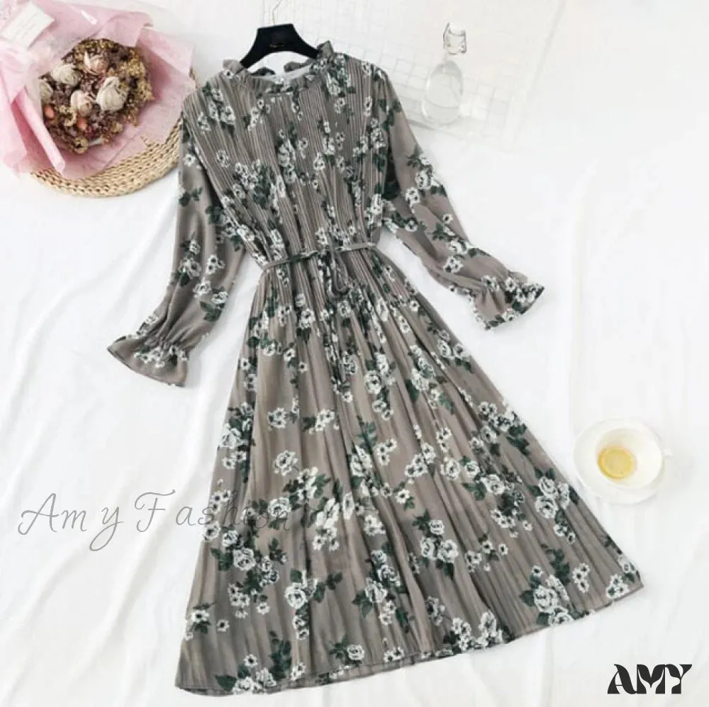 Amy Fashion - Casual Flare Sleeve Office Chiffon Dot Print Dresses