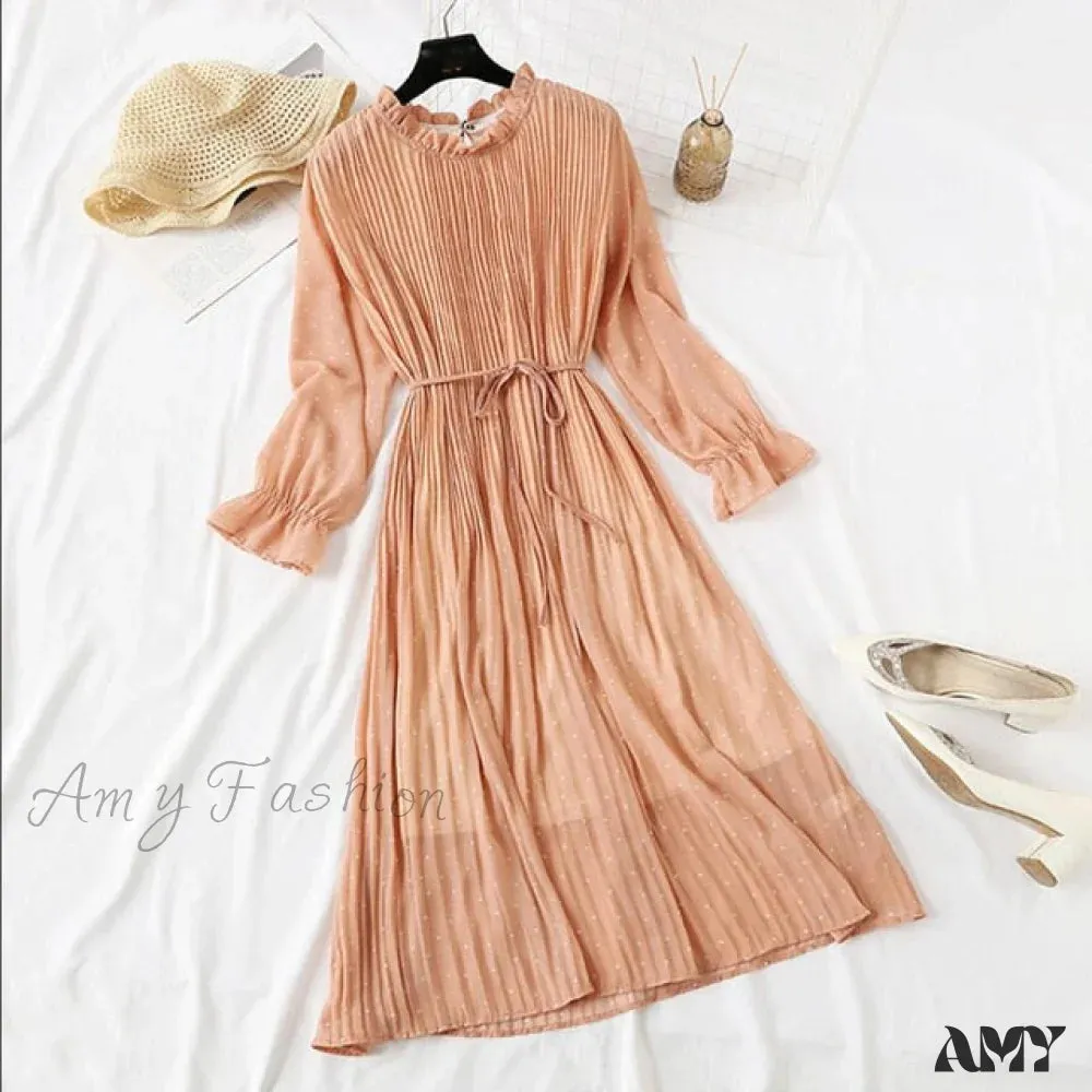 Amy Fashion - Casual Flare Sleeve Office Chiffon Dot Print Dresses