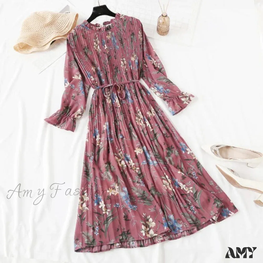 Amy Fashion - Casual Flare Sleeve Office Chiffon Dot Print Dresses