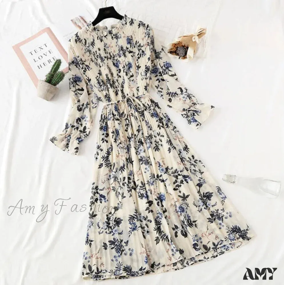 Amy Fashion - Casual Flare Sleeve Office Chiffon Dot Print Dresses