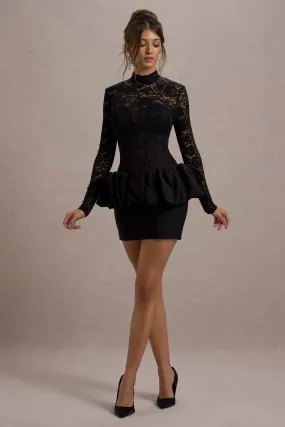 Antheia | Black Lace Long-Sleeve Peplum Mini Dress