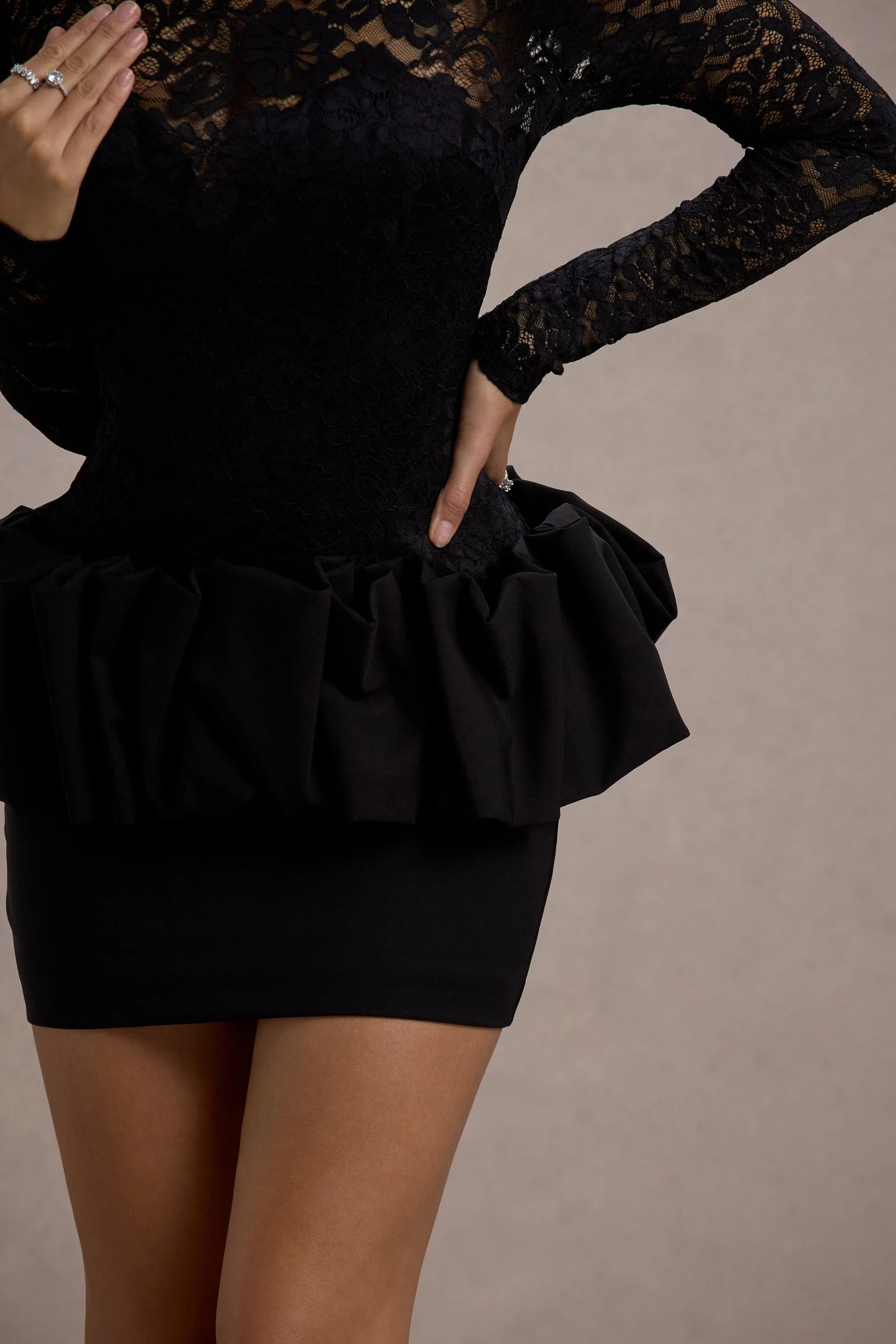 Antheia | Black Lace Long-Sleeve Peplum Mini Dress