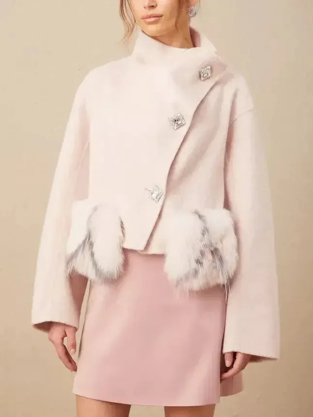 Asymmetrical Placket Pink Wool Jacket with Fur Pockets