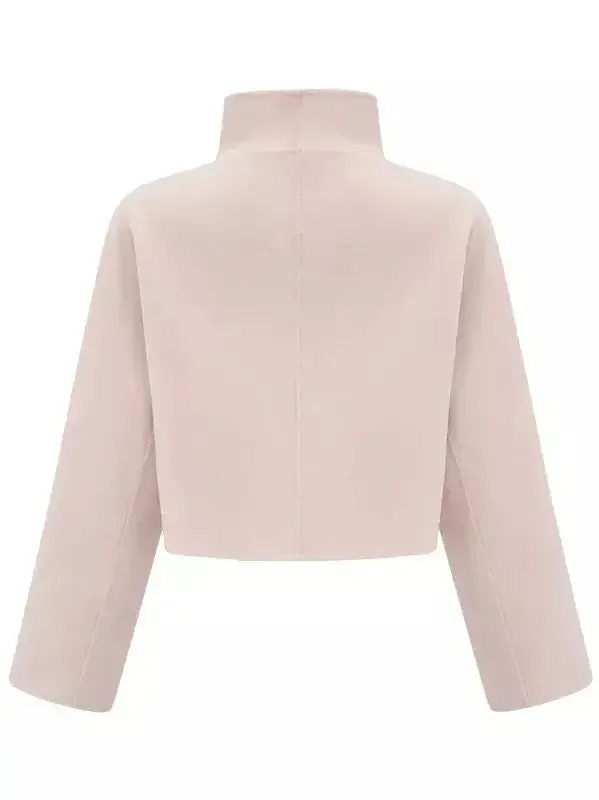 Asymmetrical Placket Pink Wool Jacket with Fur Pockets