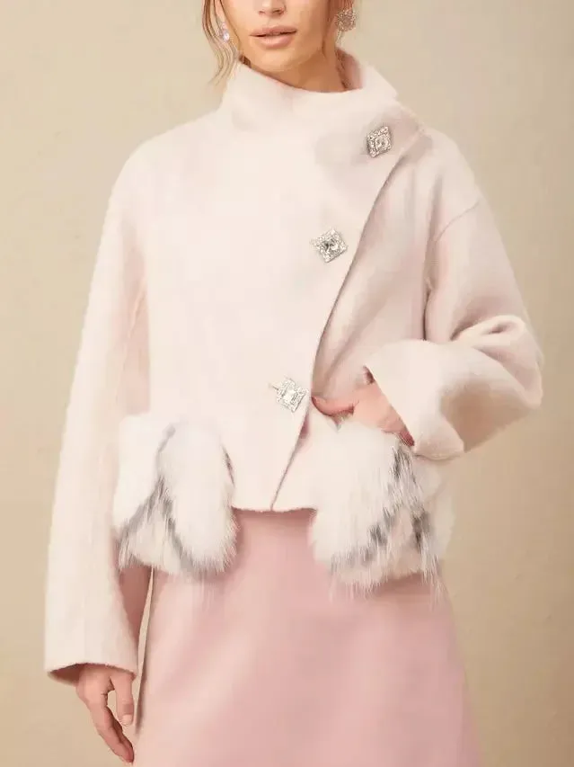 Asymmetrical Placket Pink Wool Jacket with Fur Pockets