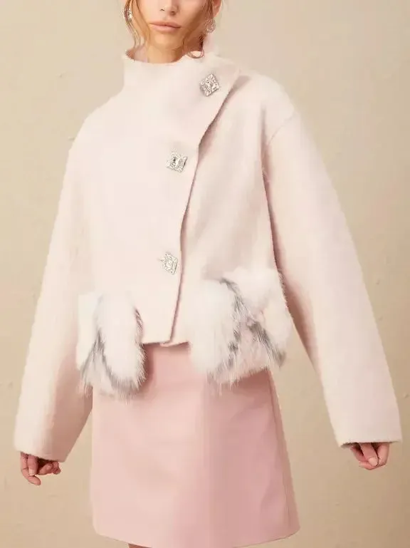 Asymmetrical Placket Pink Wool Jacket with Fur Pockets