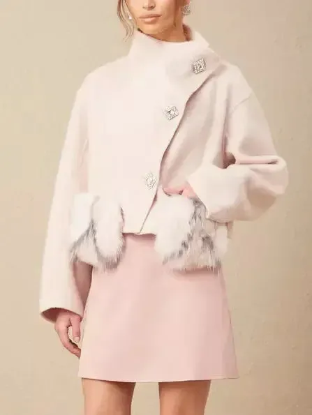 Asymmetrical Placket Pink Wool Jacket with Fur Pockets