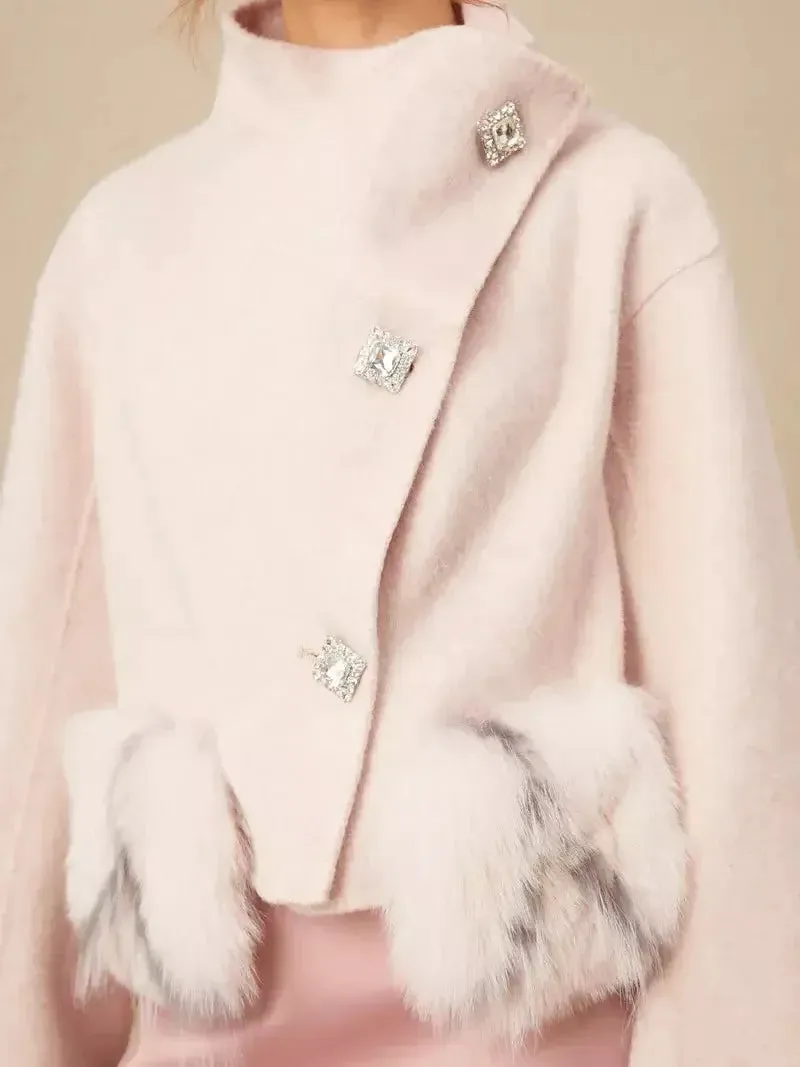 Asymmetrical Placket Pink Wool Jacket with Fur Pockets