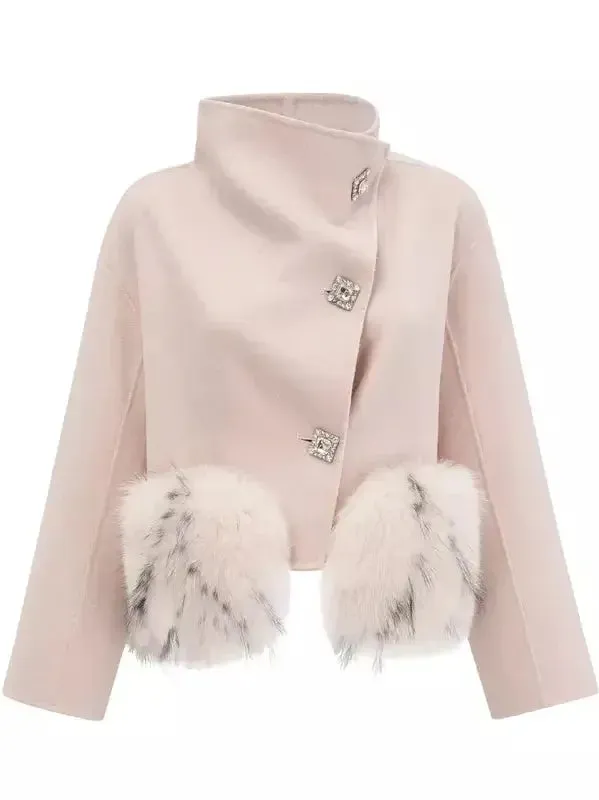 Asymmetrical Placket Pink Wool Jacket with Fur Pockets