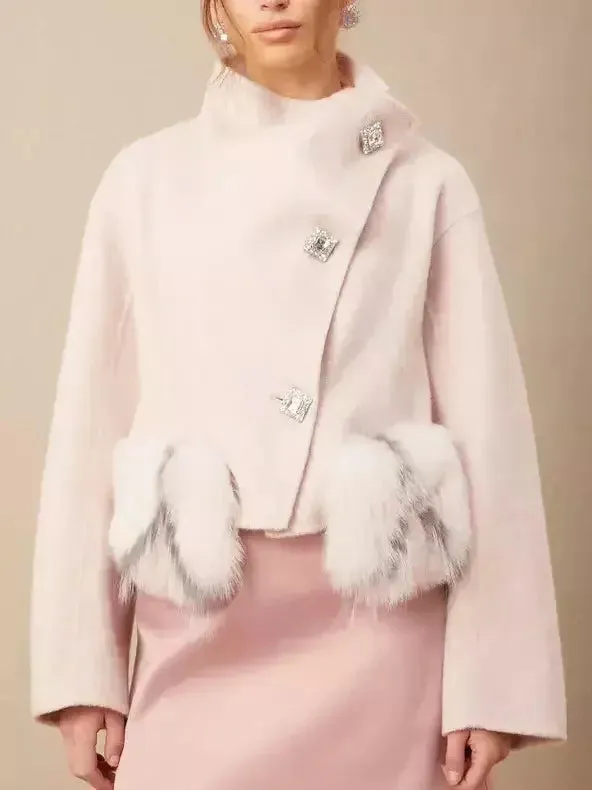 Asymmetrical Placket Pink Wool Jacket with Fur Pockets