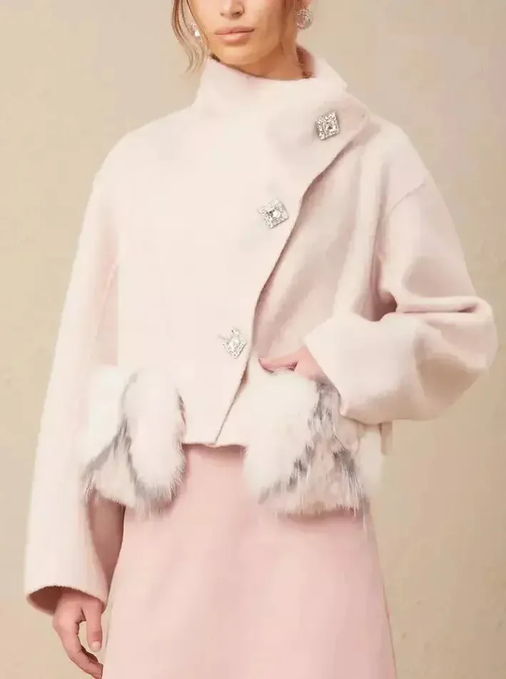 Asymmetrical Placket Pink Wool Jacket with Fur Pockets