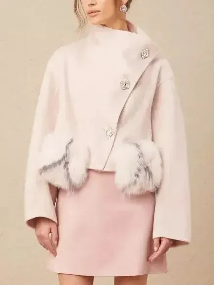 Asymmetrical Placket Pink Wool Jacket with Fur Pockets