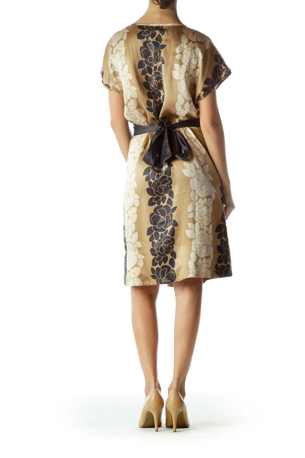 Beige Floral Print Empire Waist Dress