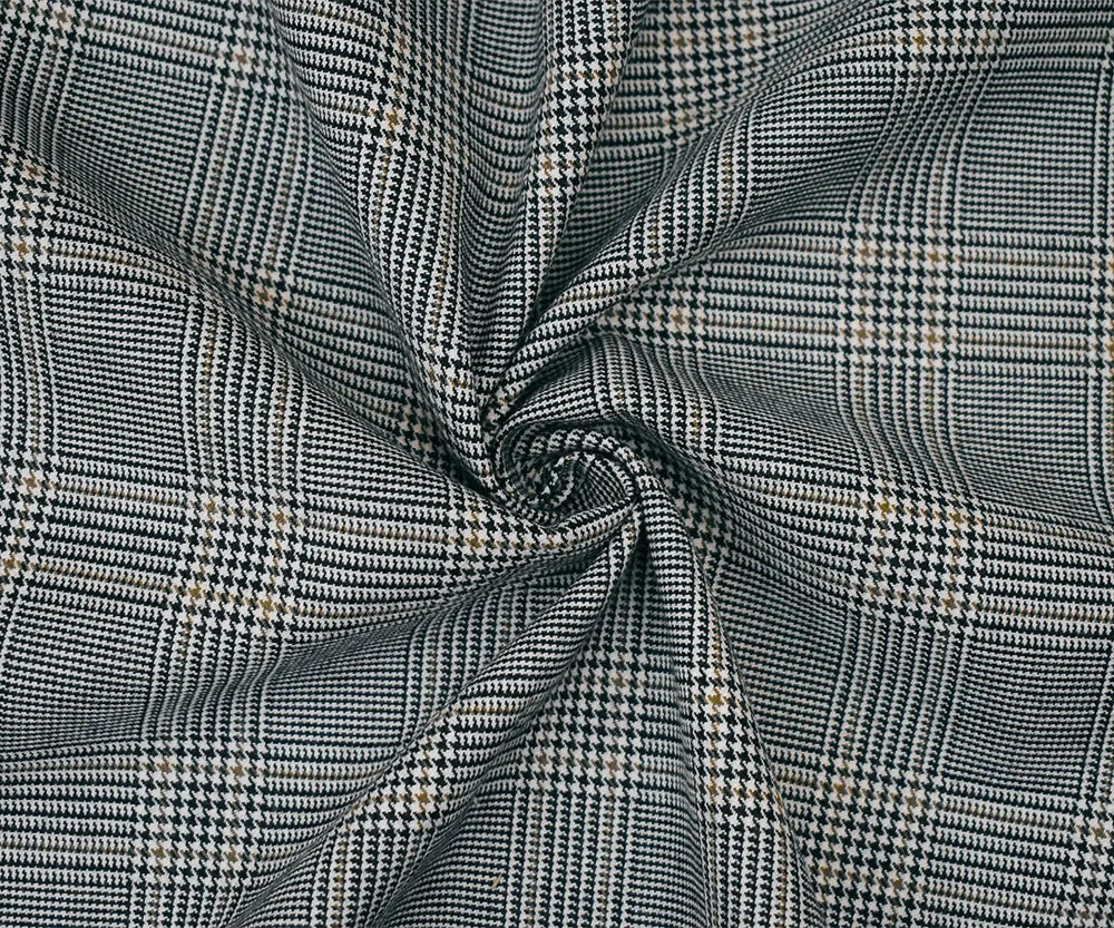 Black-Brown-White Polyester Wool Glen Plaid Woven Suiting Woven Fabric