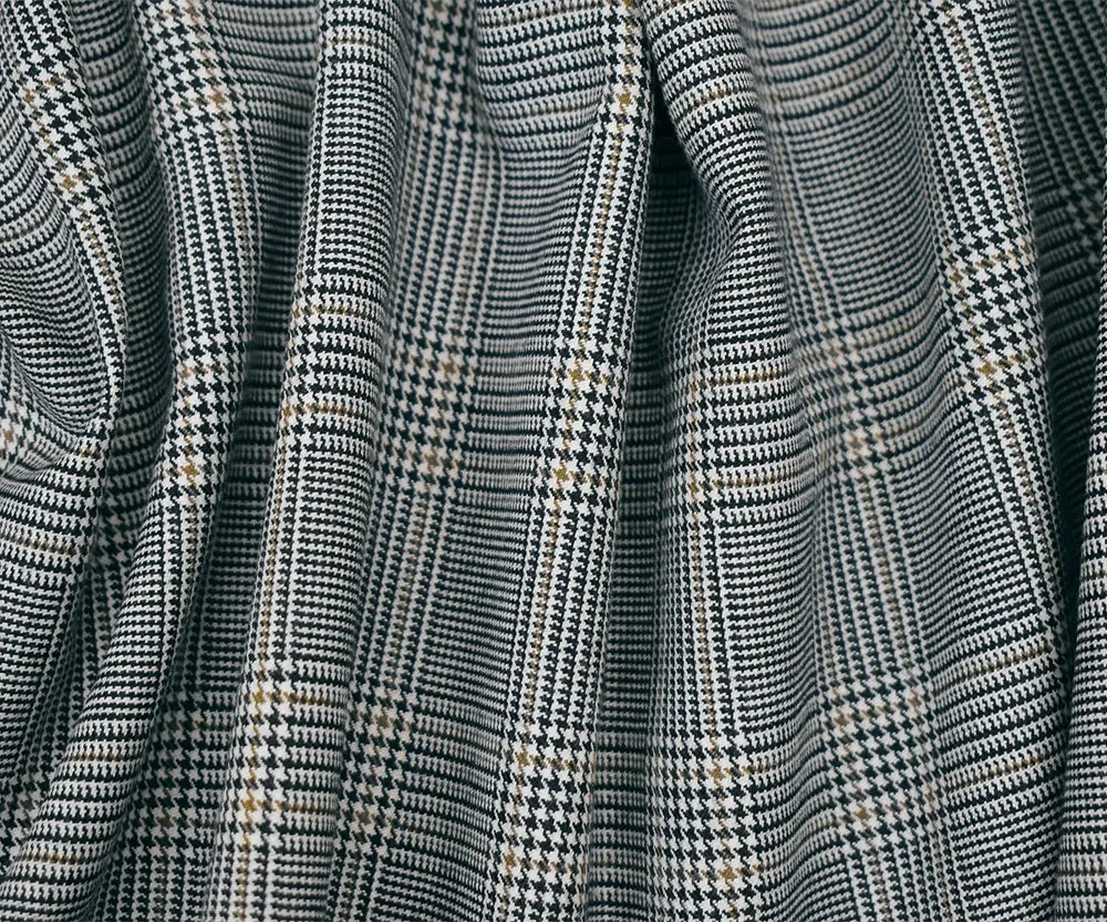 Black-Brown-White Polyester Wool Glen Plaid Woven Suiting Woven Fabric