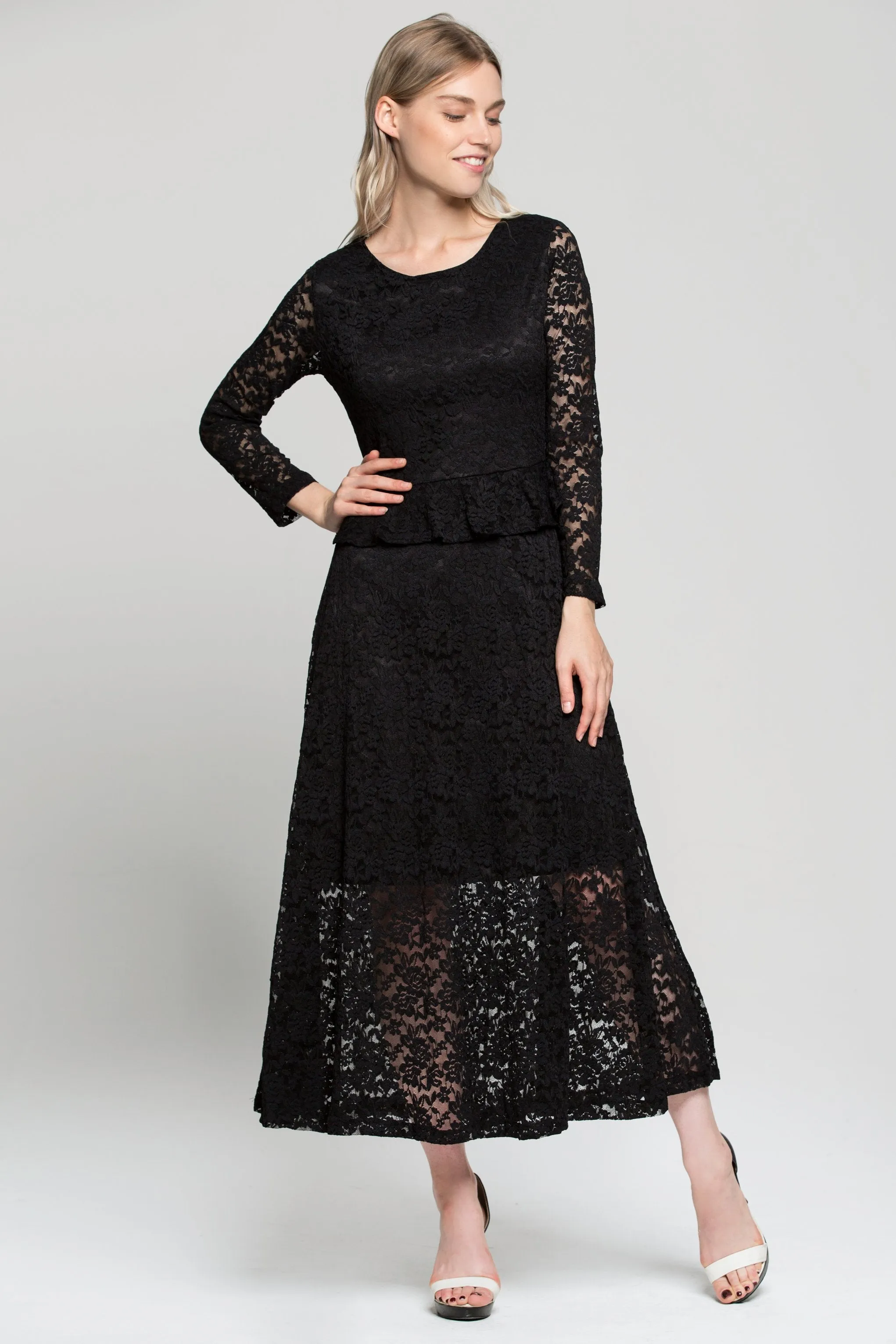 Black Floral Lace Peplum Maxi Dress