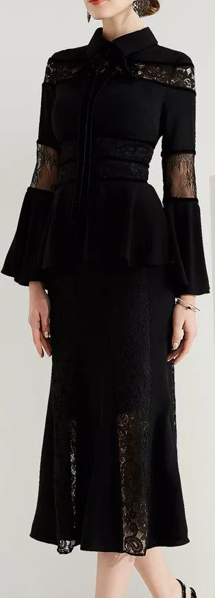 Black Lace-Paneled Peplum Dress with Bell-Sleeves