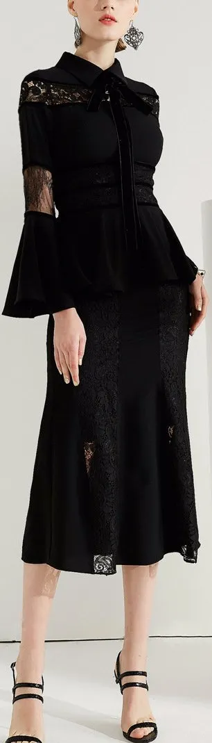 Black Lace-Paneled Peplum Dress with Bell-Sleeves