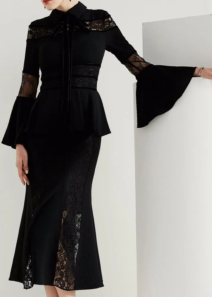 Black Lace-Paneled Peplum Dress with Bell-Sleeves