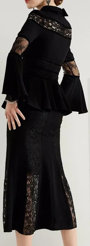 Black Lace-Paneled Peplum Dress with Bell-Sleeves