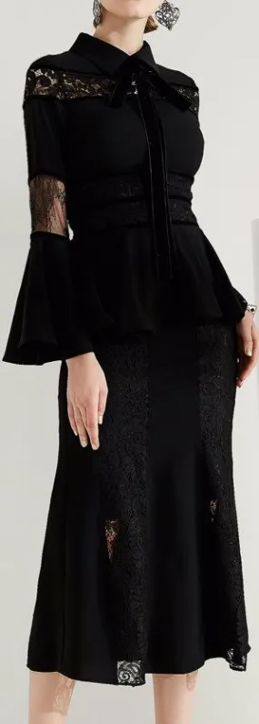 Black Lace-Paneled Peplum Dress with Bell-Sleeves