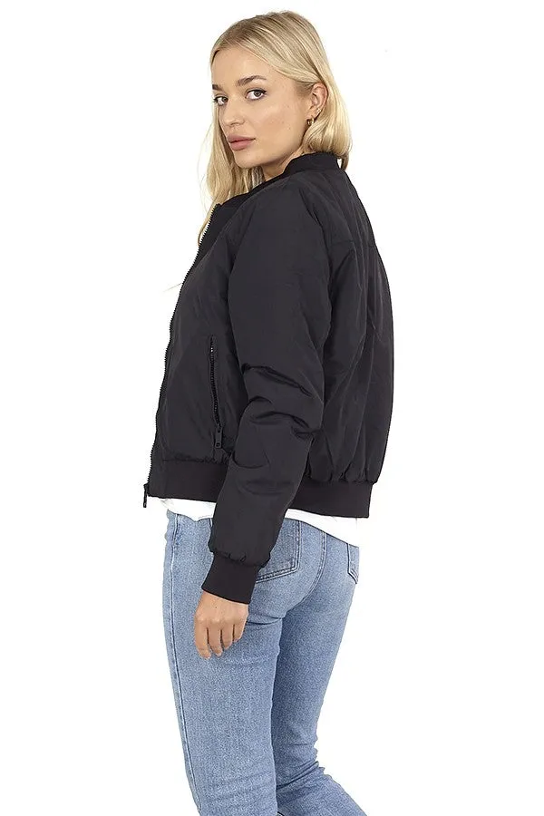 BLACK PADDED RIBBED BOMBER JACKET