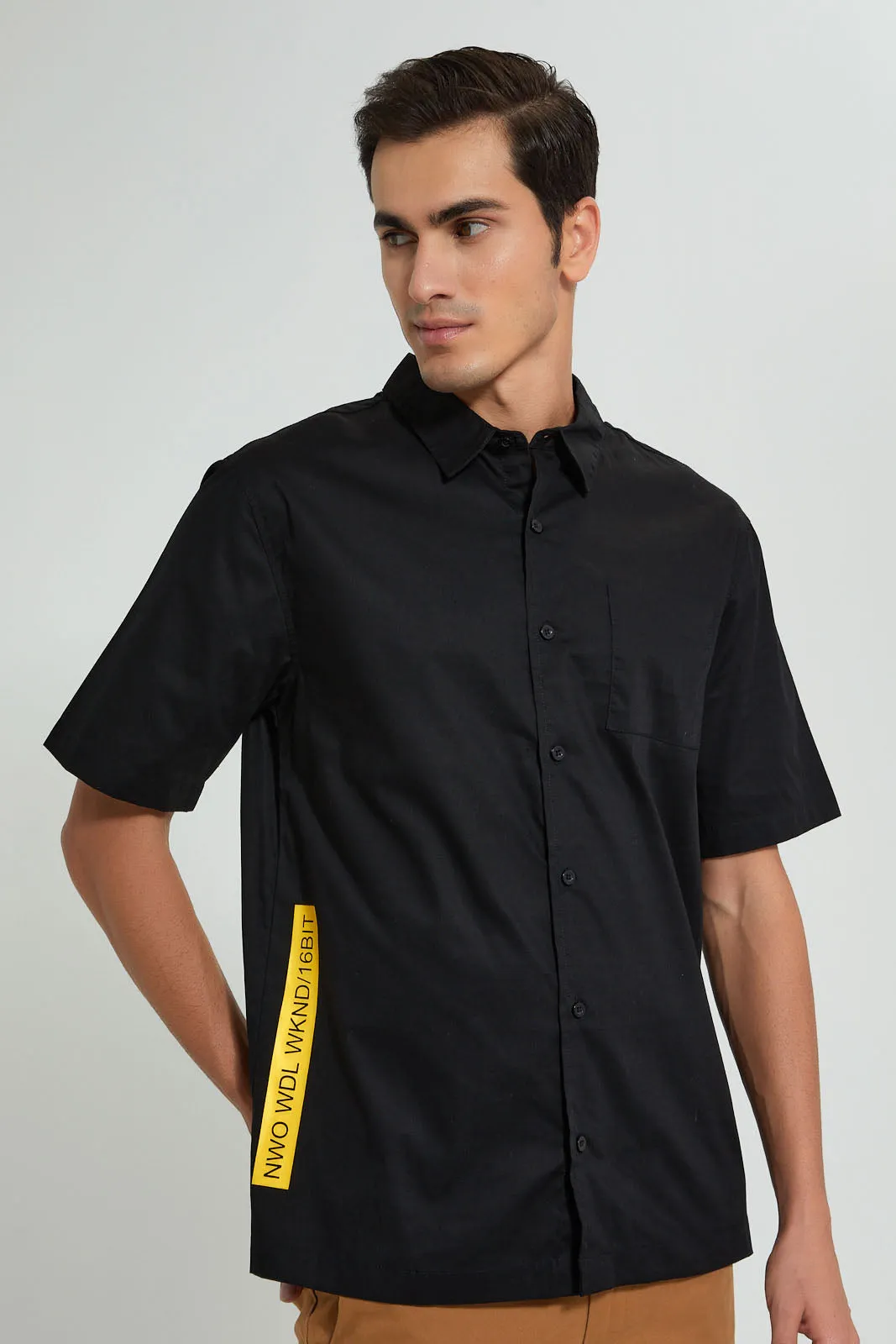 Black Short Sleeved Printed Casual Shirt