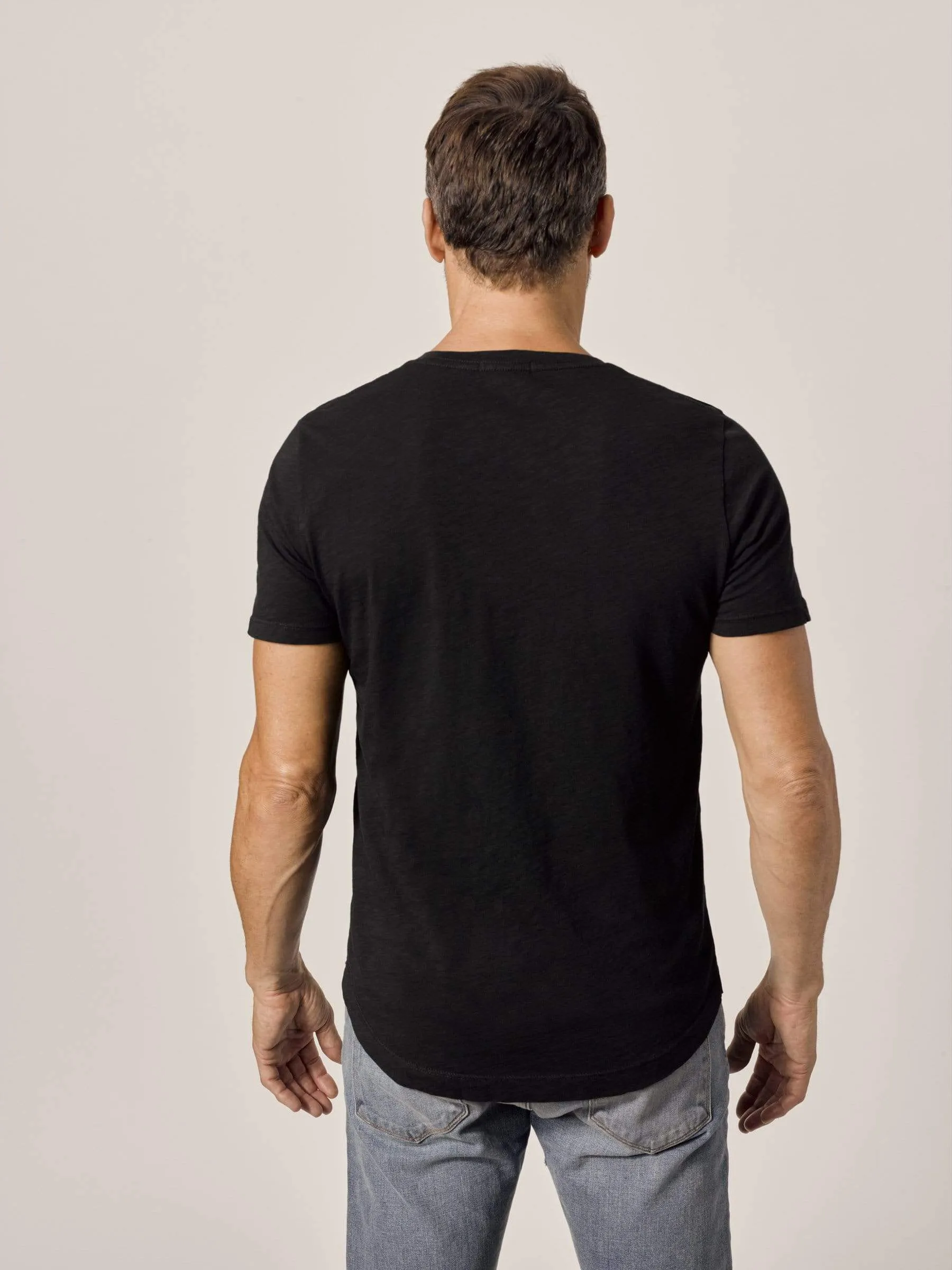 Black Slub Curved Hem V-Neck