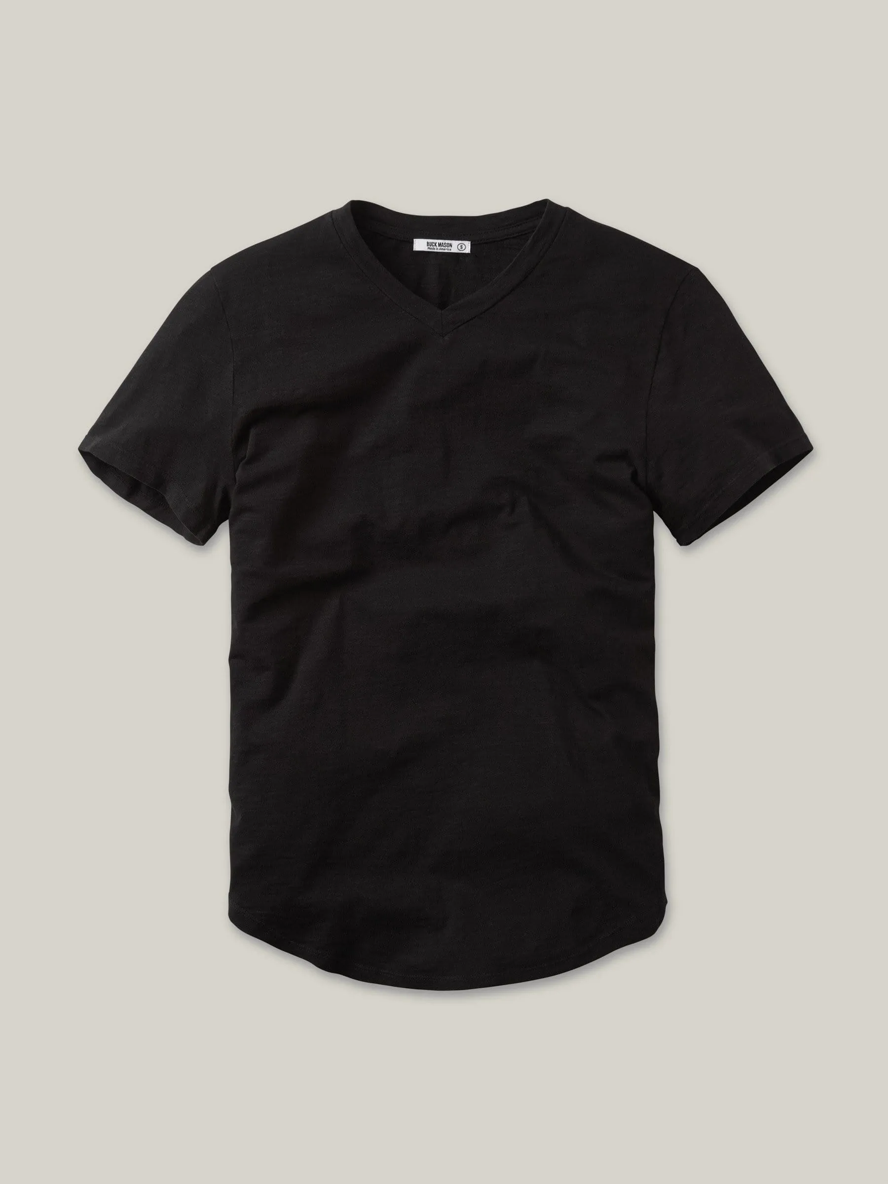 Black Slub Curved Hem V-Neck