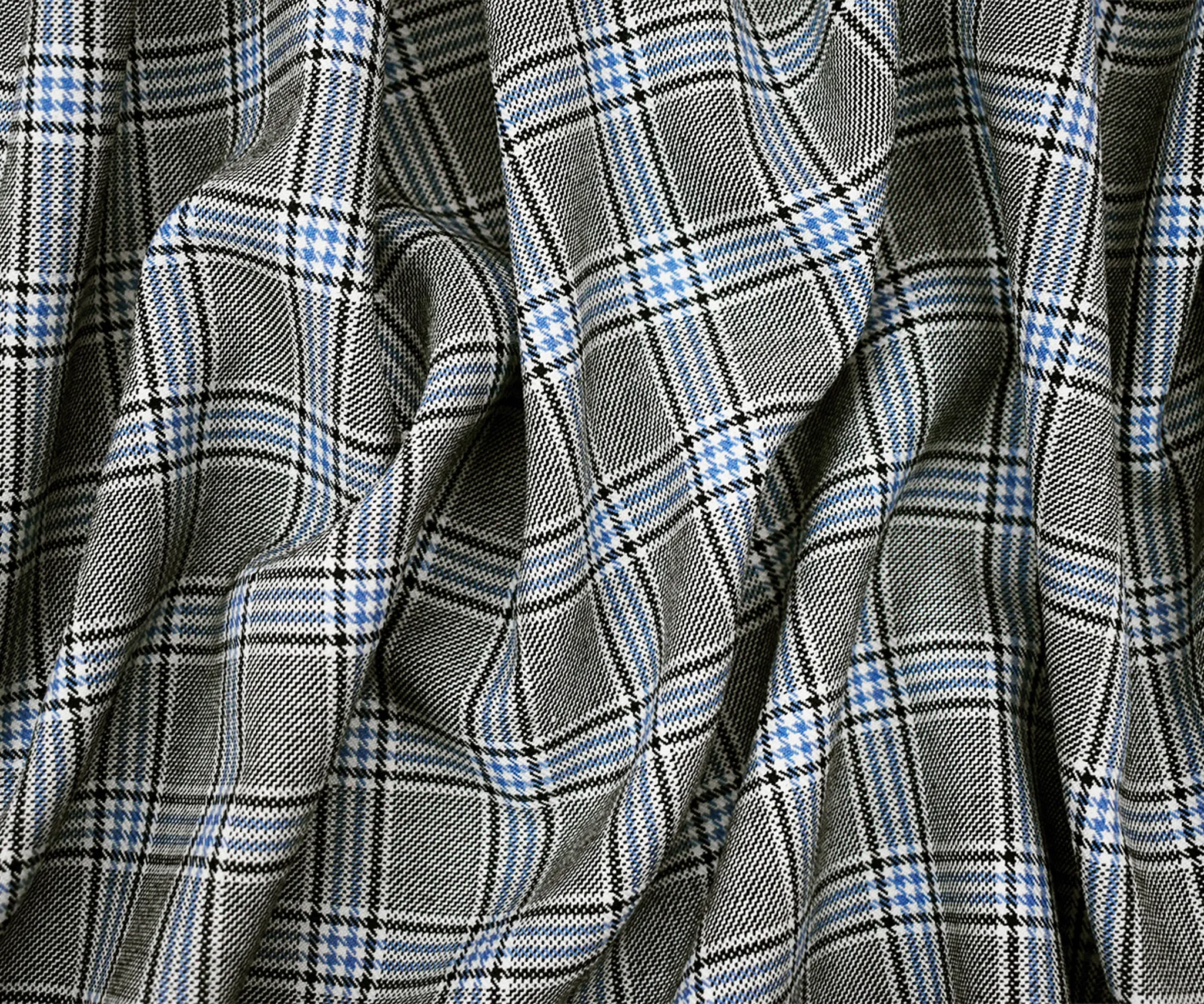 Black-White-Blue Wool Polyester Plaid Twill Suiting Woven Fabric