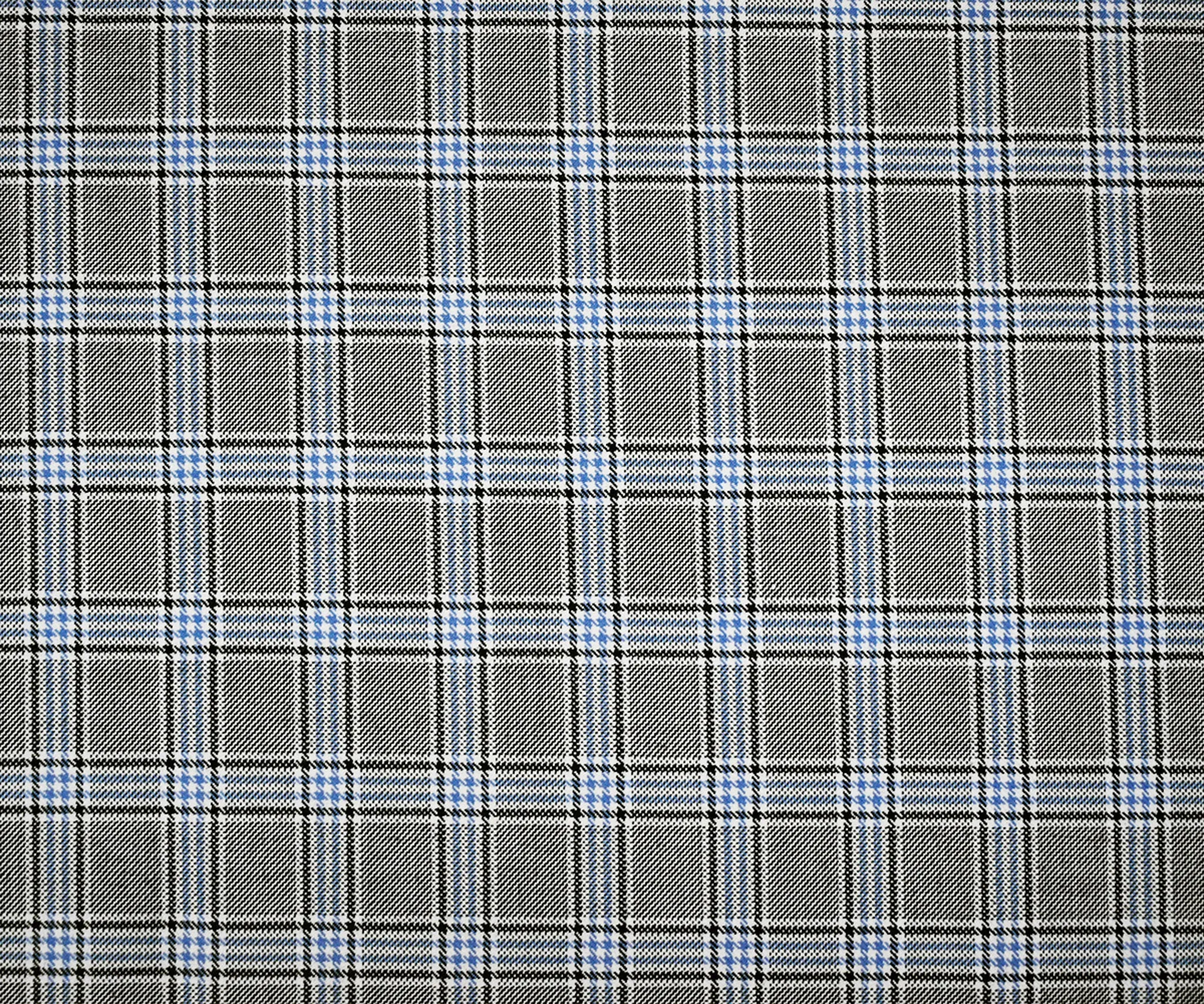 Black-White-Blue Wool Polyester Plaid Twill Suiting Woven Fabric