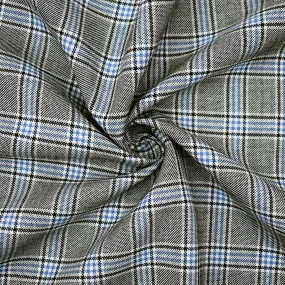 Black-White-Blue Wool Polyester Plaid Twill Suiting Woven Fabric