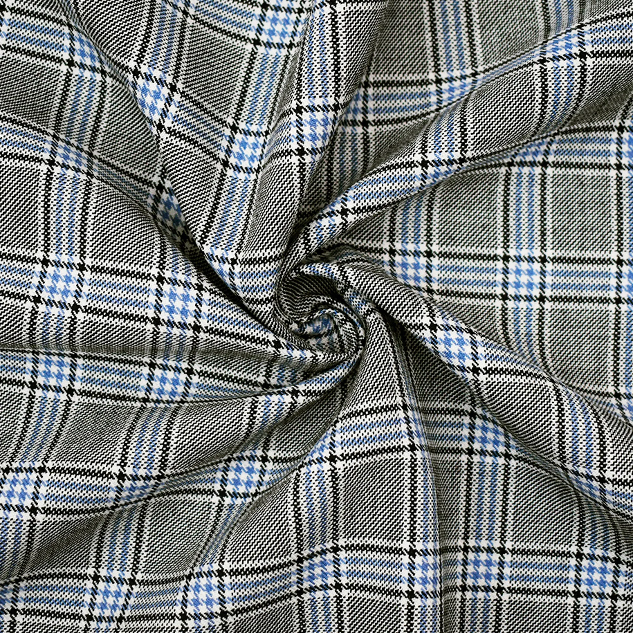 Black-White-Blue Wool Polyester Plaid Twill Suiting Woven Fabric