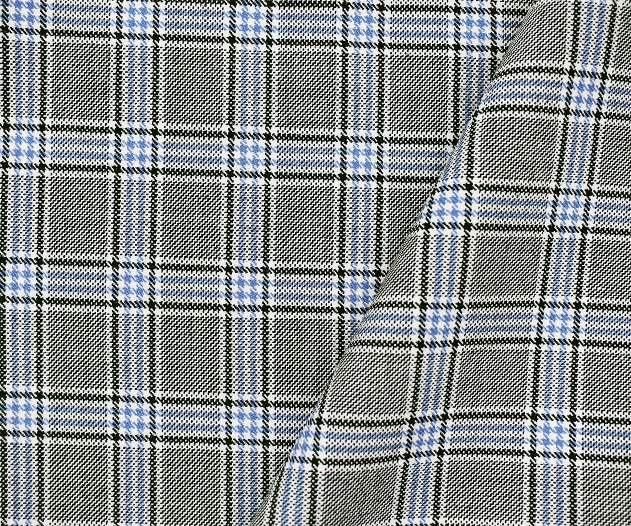 Black-White-Blue Wool Polyester Plaid Twill Suiting Woven Fabric