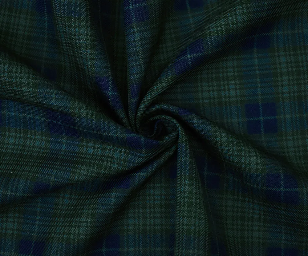 Blue-Green-Black Polyester Wool Plaid Twill Woven Suiting Fabric