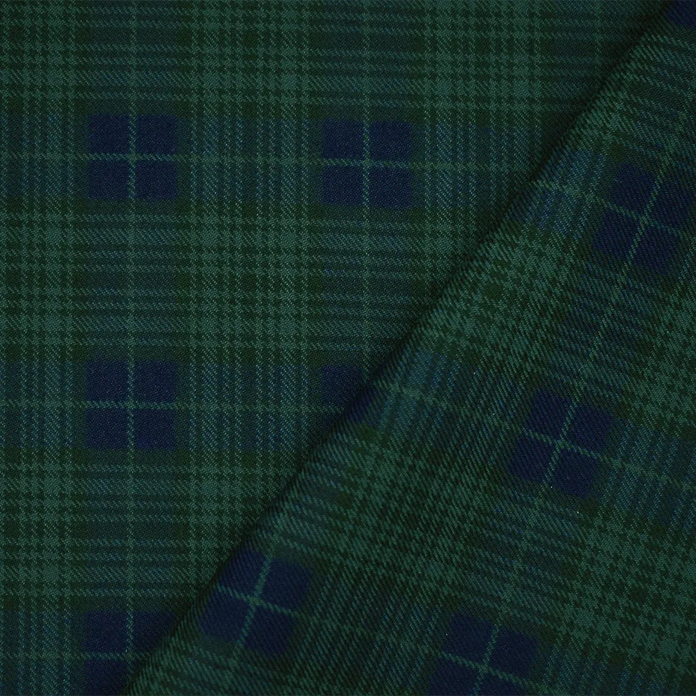 Blue-Green-Black Polyester Wool Plaid Twill Woven Suiting Fabric