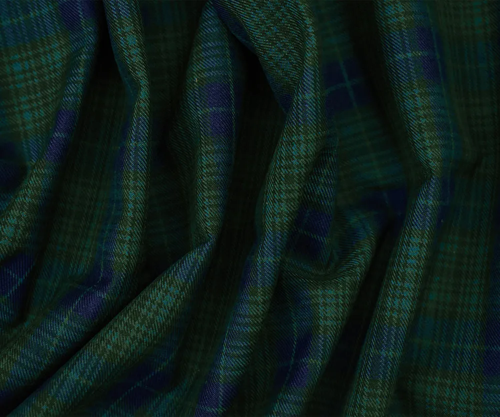 Blue-Green-Black Polyester Wool Plaid Twill Woven Suiting Fabric