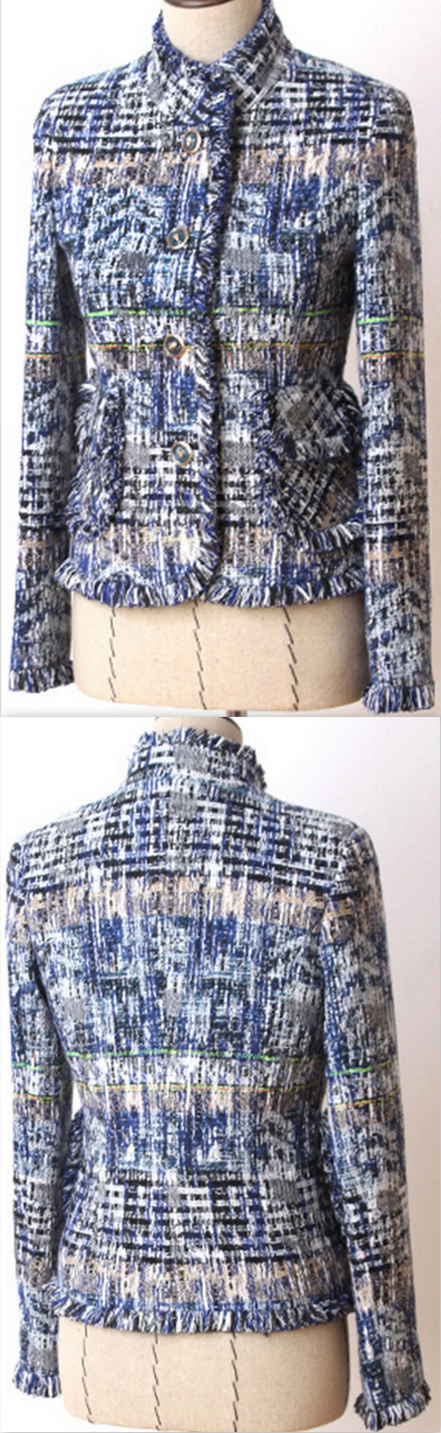 Blue-Multi Fringed Tweed Jacket