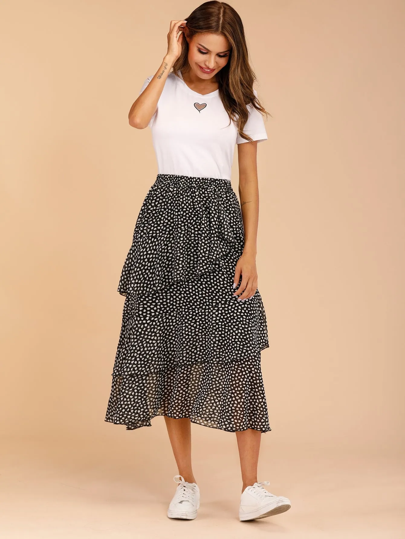 Boho All Over Print Tiered Layer Natural Midi Women Skirt