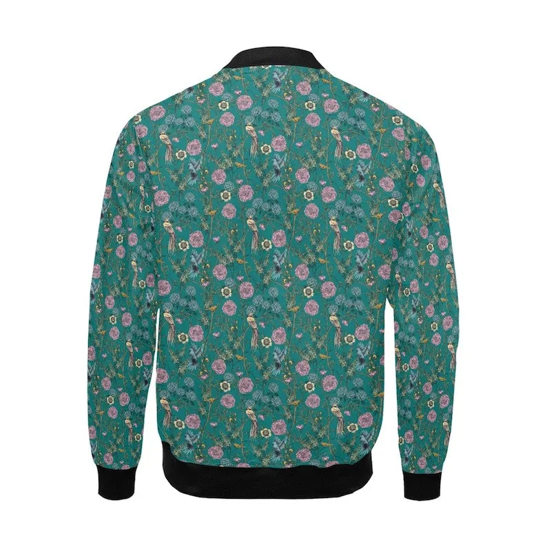 Bomber Jacket Men, Teal Jacket Men, Floral Bomber Jacket, Hippie Jacket, 70s inspired Jacket, Retro Bomber Jacket, Blue Bomber Jacket Men