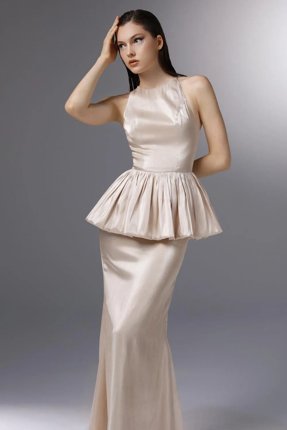 Candlelit Peplum Jewel Neck Silk Floor Length Dress