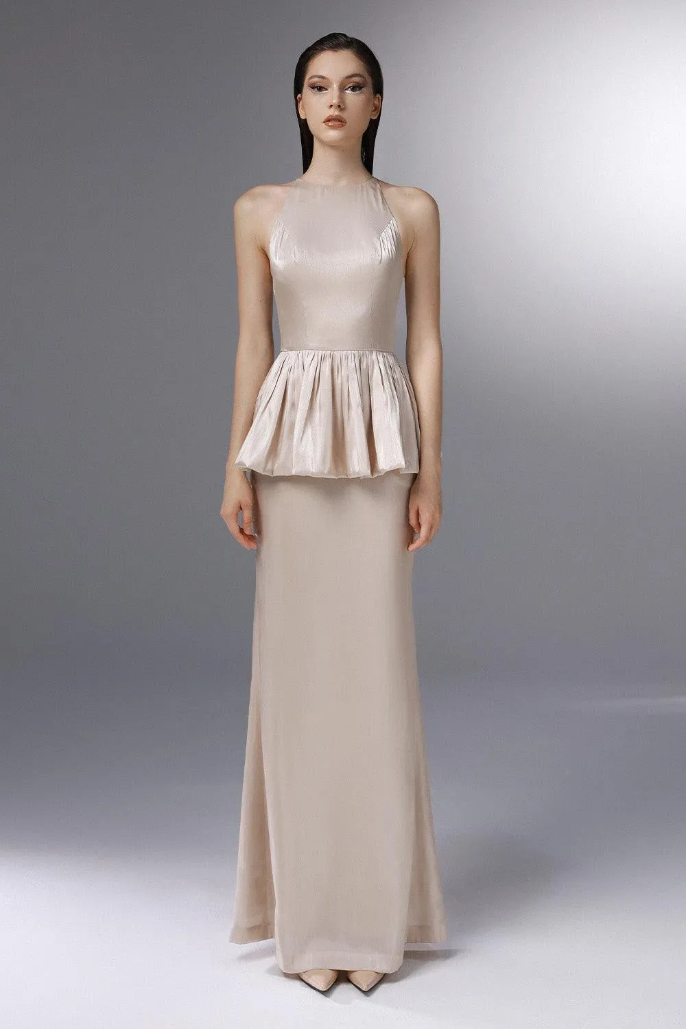 Candlelit Peplum Jewel Neck Silk Floor Length Dress